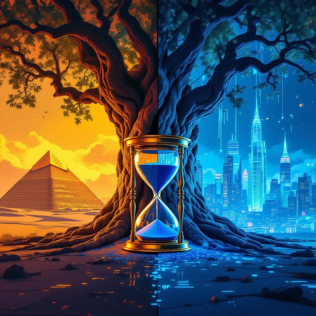 Golden Pyramids Meet Neon City: A Glitching Divide