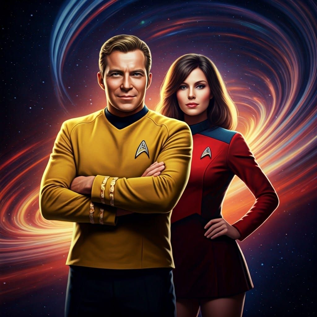 Confident Captain Kirk and Starfleet Officer Stepping Out of...