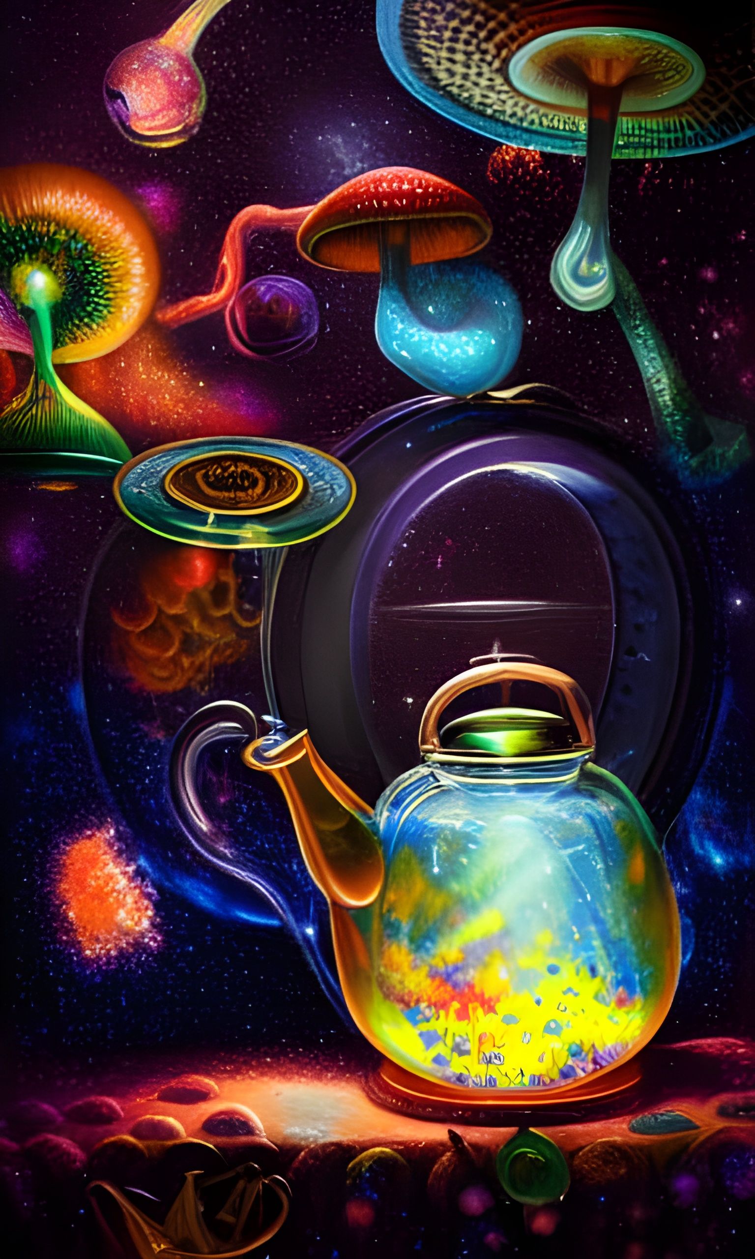 Psychedelic Mushrooms in Cosmic Tea Kettle