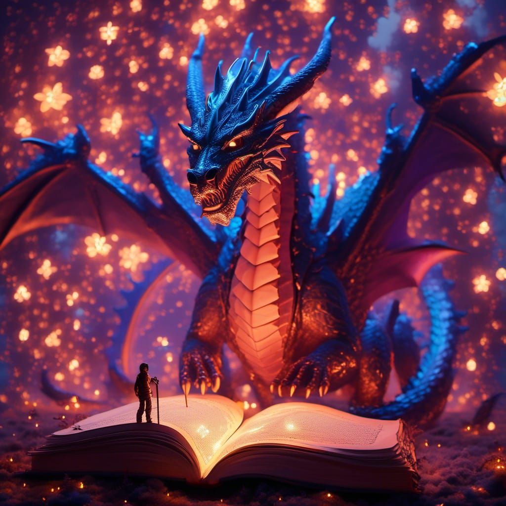 Bioluminescent Dragon Emerges from Book Under Neon Sky