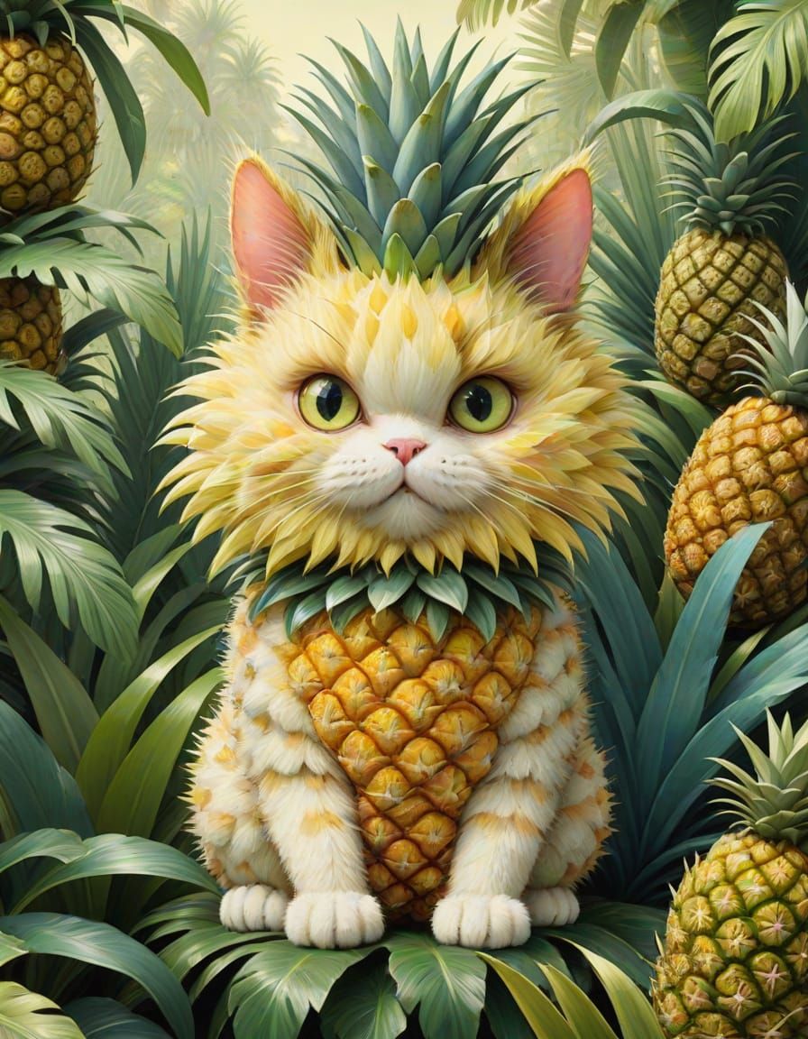 Whimsical Tropical Cat with Pineapple Fur