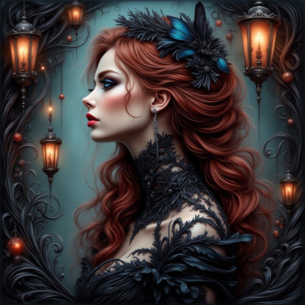 Elegant Woman with Red Hair and Butterfly, Gothic Style