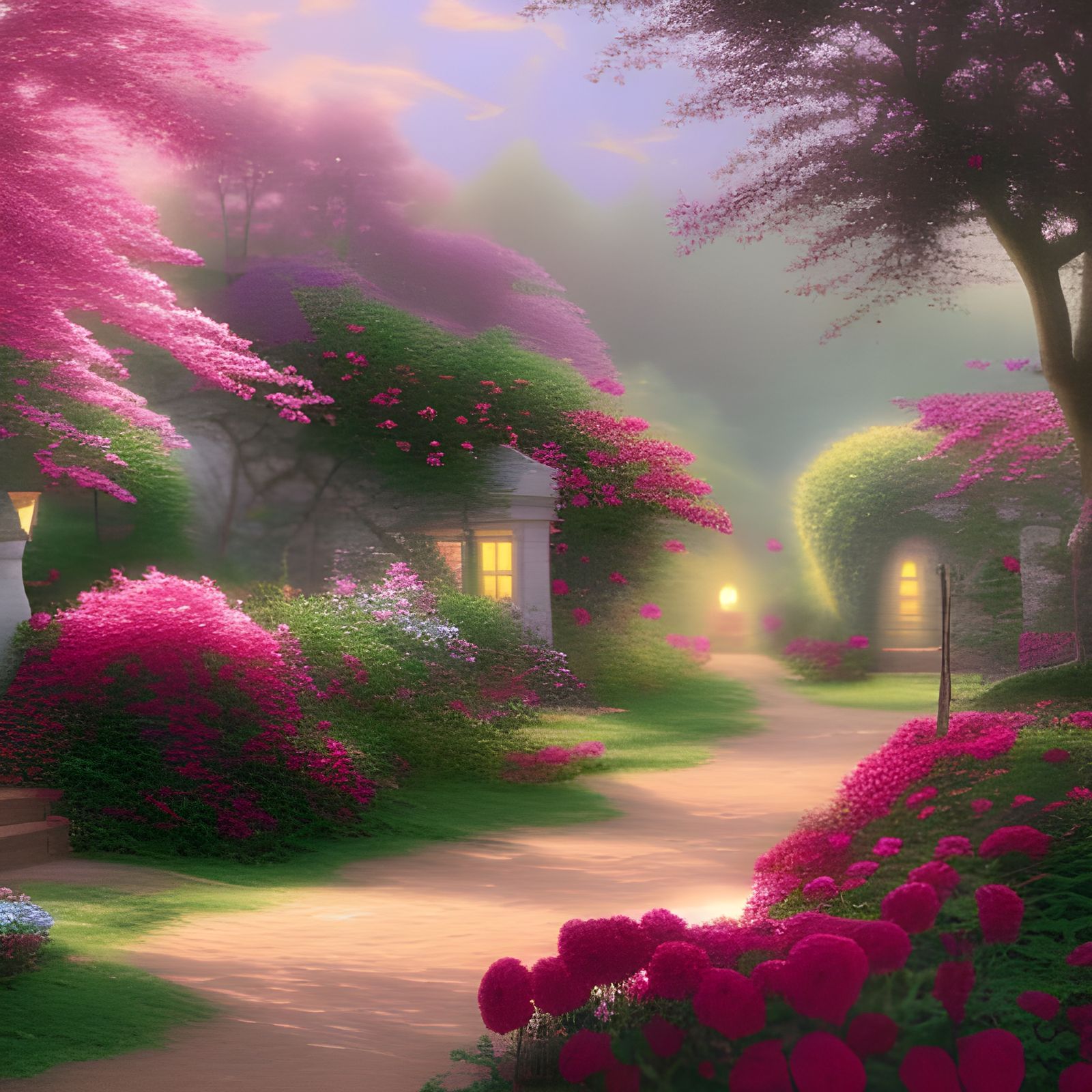 Pink Roses in Garden Lane: Kinkade-style Fantasy