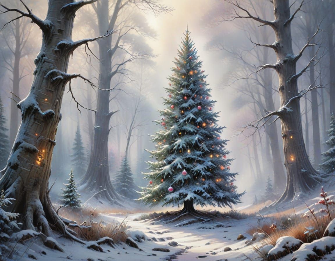 Ethereal Christmas Tree in Misty Forest Watercolour