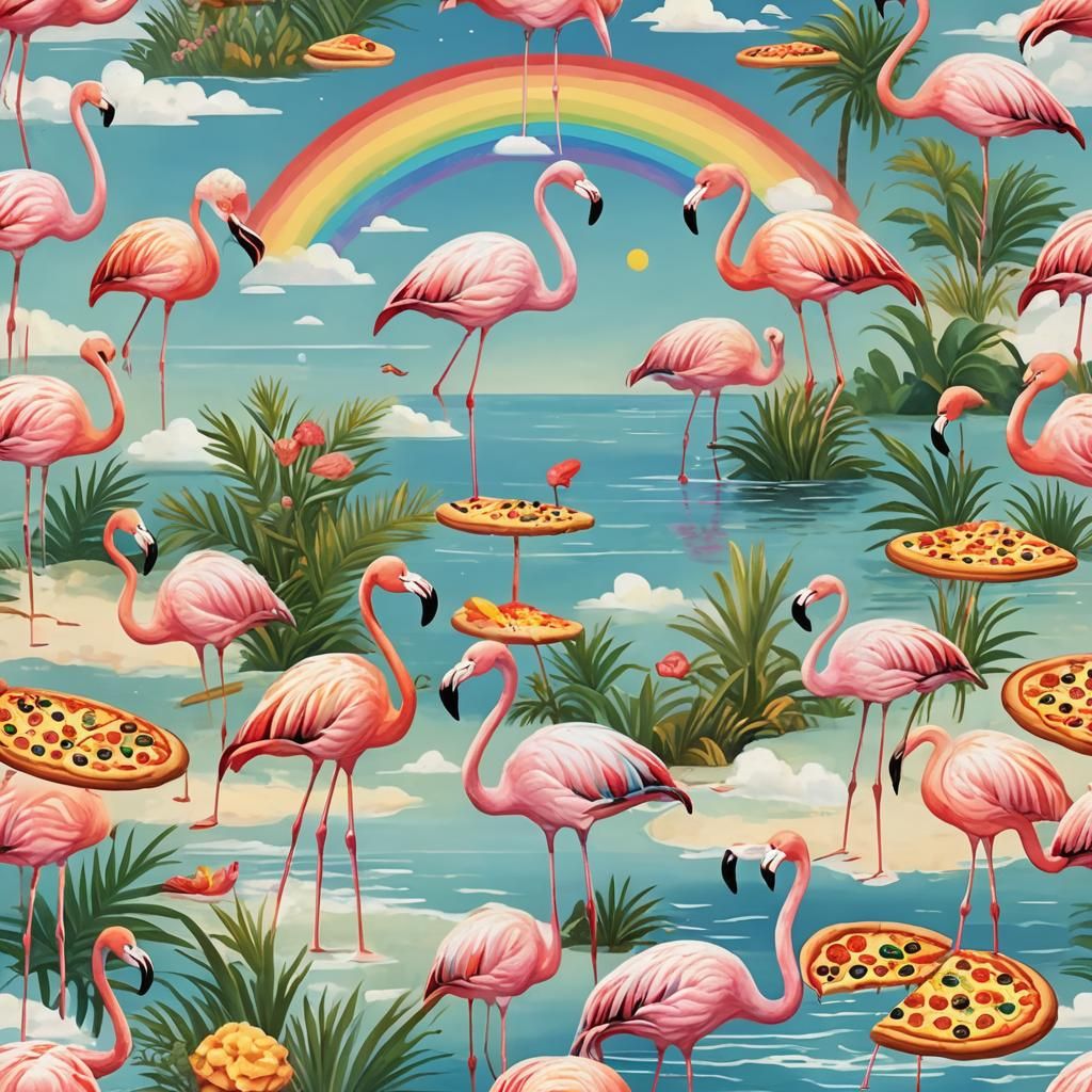 Flamingo Eats Pizza Under Rainbow: Vibrant Digital Art