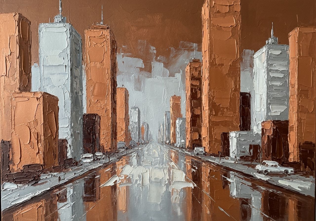 Copper and Silver Cityscape as Impasto Painting