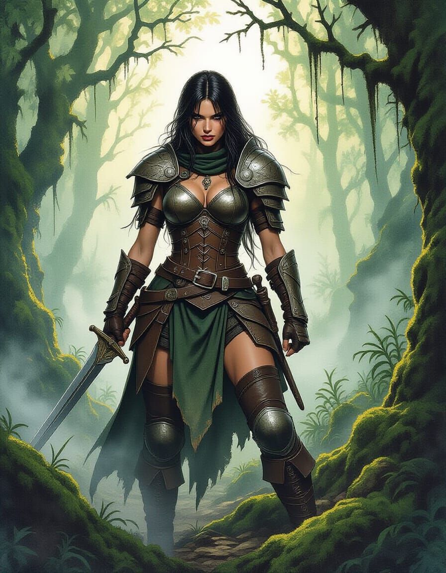 Female Warrior in Misty Forest Watercolor