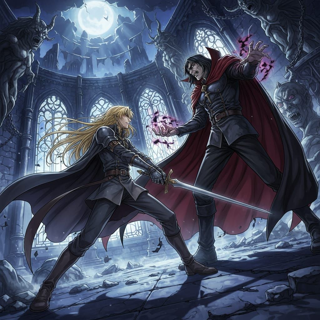 Alucard and Dracula Clash in Moonlight Anime Art