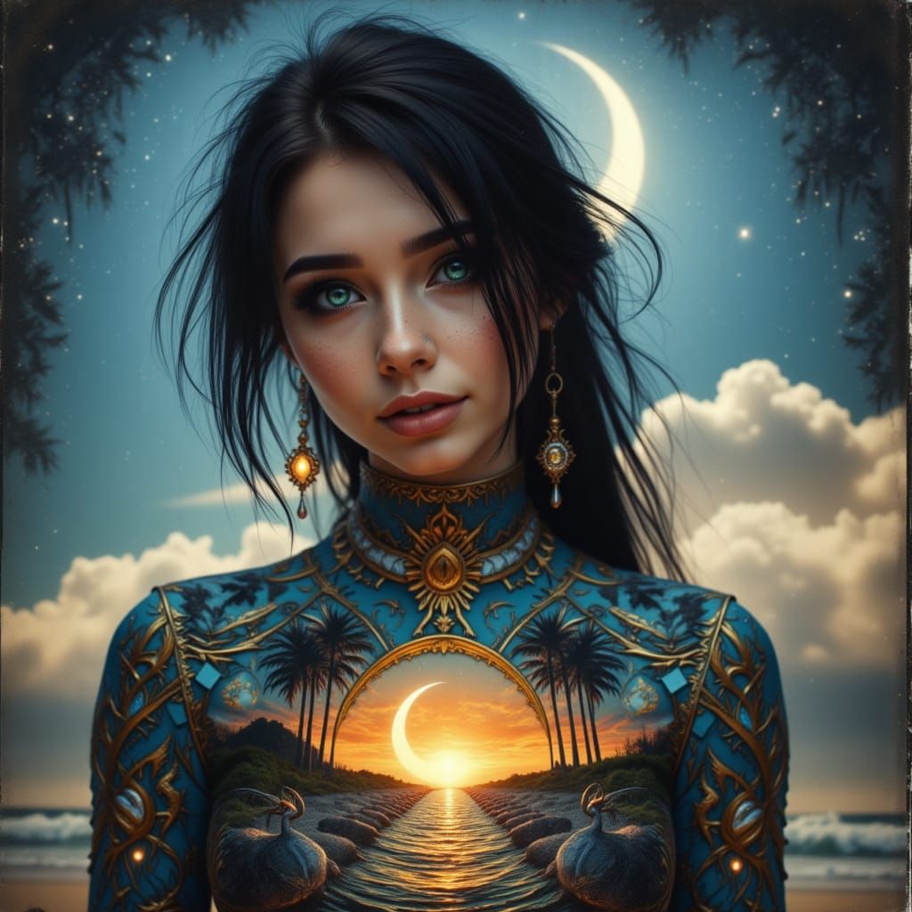 Woman in Stained Glass Dress with Moon Beach Landscape