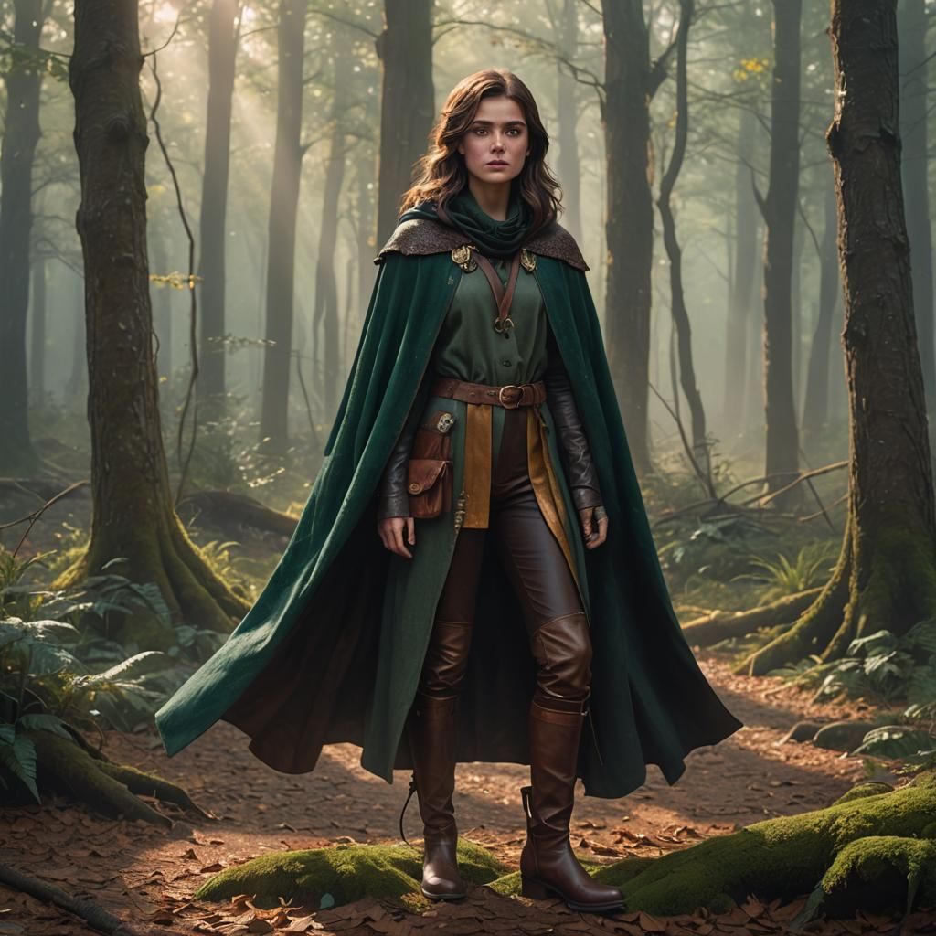 Hyperrealistic Girl in Emerald Tunic in Misty Forest