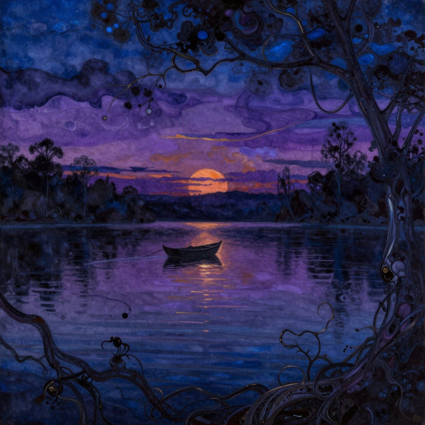 Encaustic Sunset Over Tranquil Lake with Boat