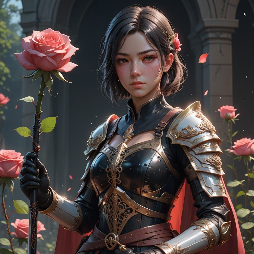 Anime Girl With Sword and Rose in 3D Art