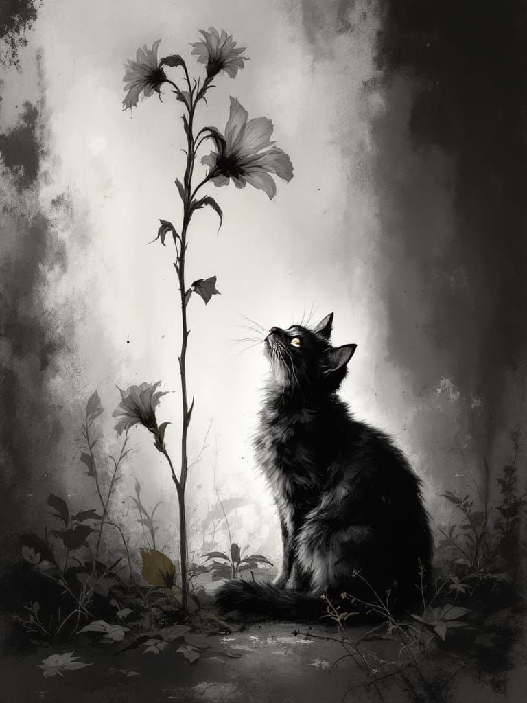 Cat Under Tall Flowers: Gothic Romanticism with Luminous Dep...