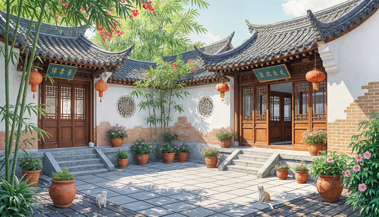 Watercolor Chinese Courtyard House with Floral Ornaments