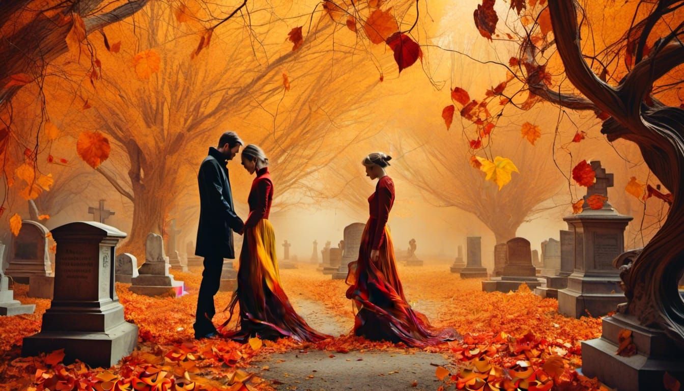 Lovers in Autumn Cemetery: Surreal Dreamscape
