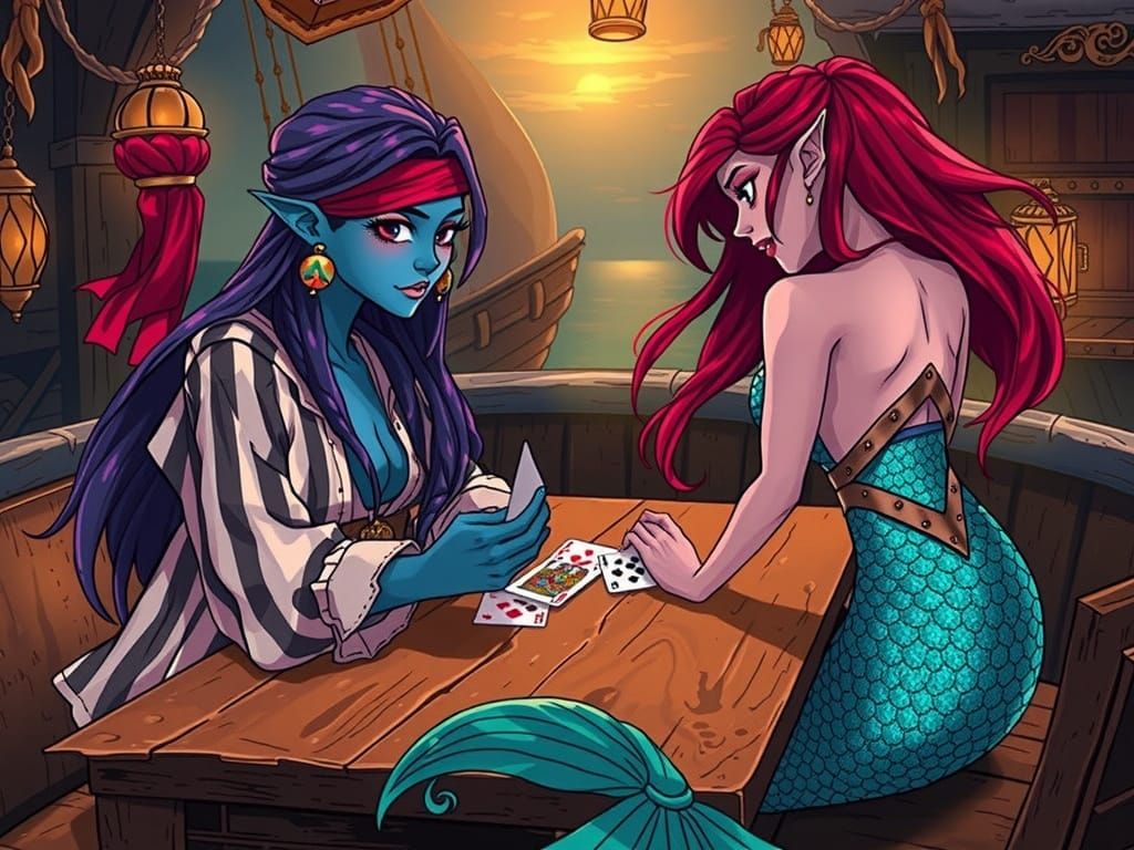 Pirate Elf and Mermaid Play Cards in Whimsical Sunset Scene
