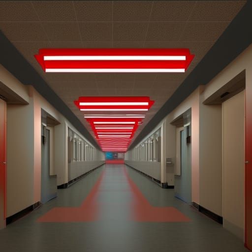 Red Lit Hospital Hallway in Detailed Digital Painting