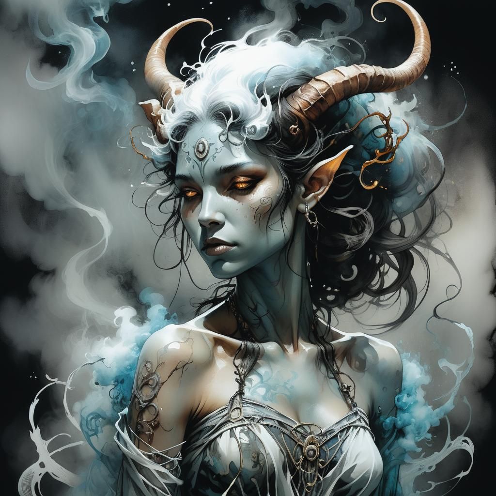 Art Nouveau Tiefling Woman in White Mist