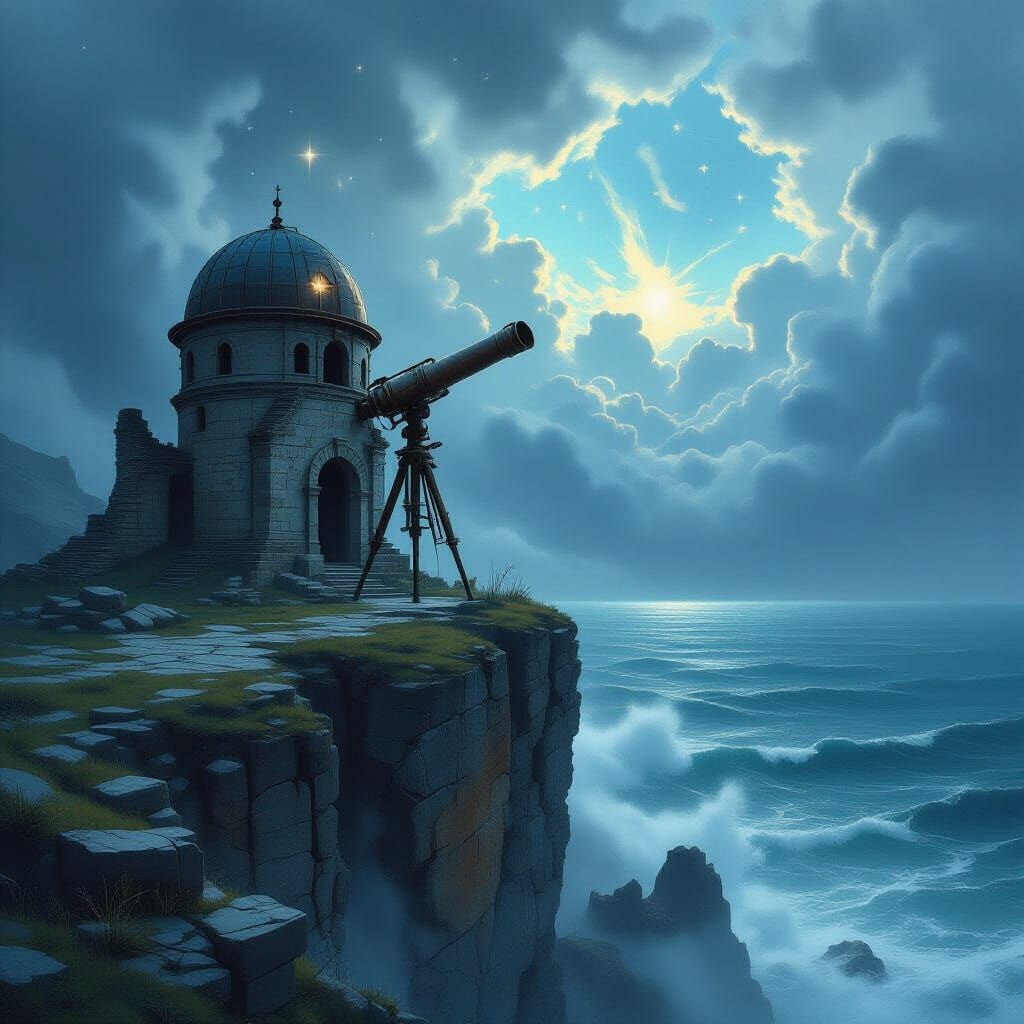 Ancient Observatory on Stormy Cliff Overlooking Sea