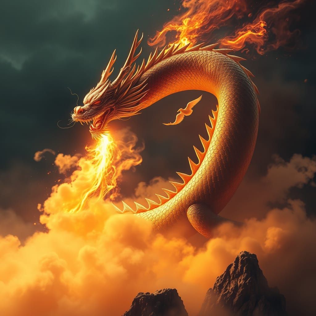 Ethereal Chinese Dragon Unfolds Amidst Golden Mists