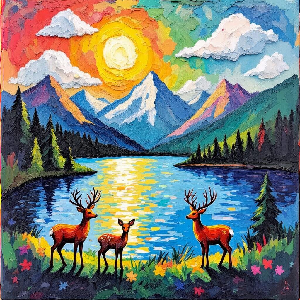 Colorful Crayon Lake Scene in Neo-Impressionist Style