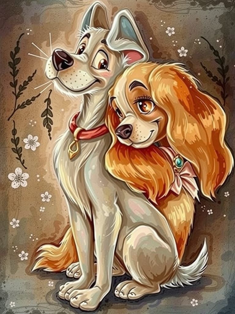 Cute dogs in love, hugging each other, watercolor and ink