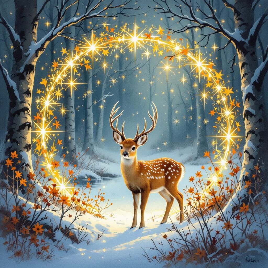 Enchanted Winter Forest Glade with Young Deer