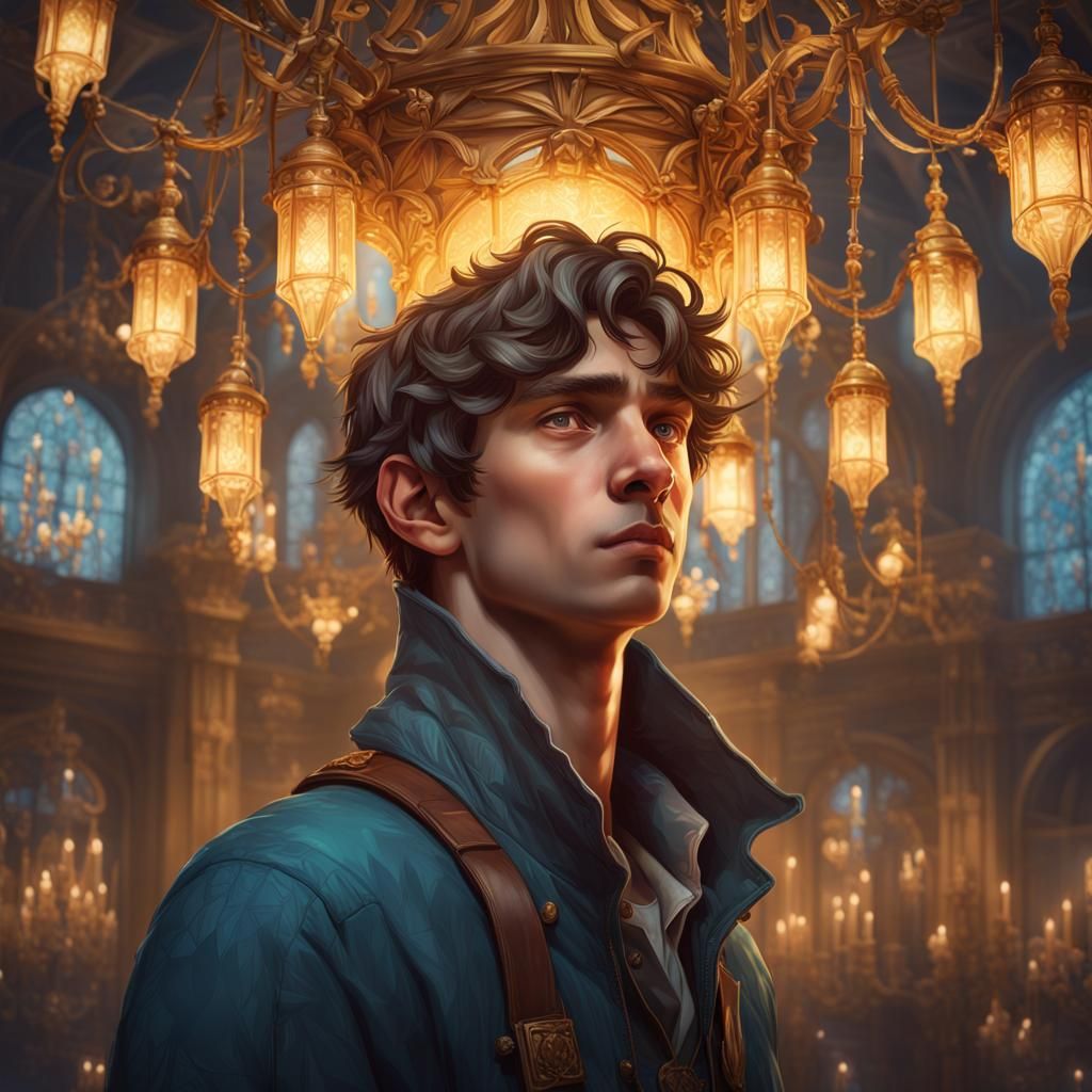 Boy Tangled in Chandelier: Hyperdetailed Concept Art