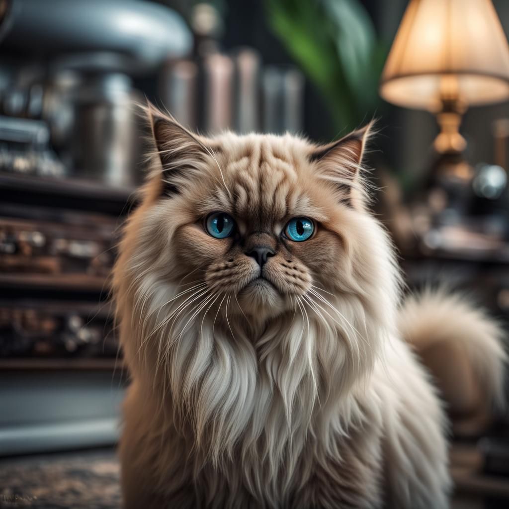 Persian Himalayan Cat Dinosaur Hybrid, Hyperrealistic Art