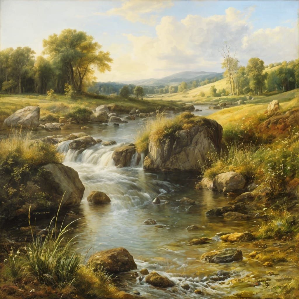 Baroque Oil Painting of a Serene Brook with Dramatic Lightin...