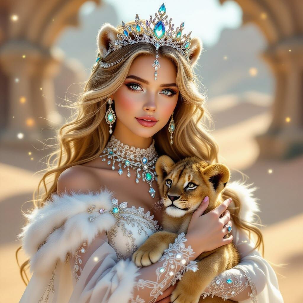 Fantasy Princess with Lion Cub in Desert Oasis