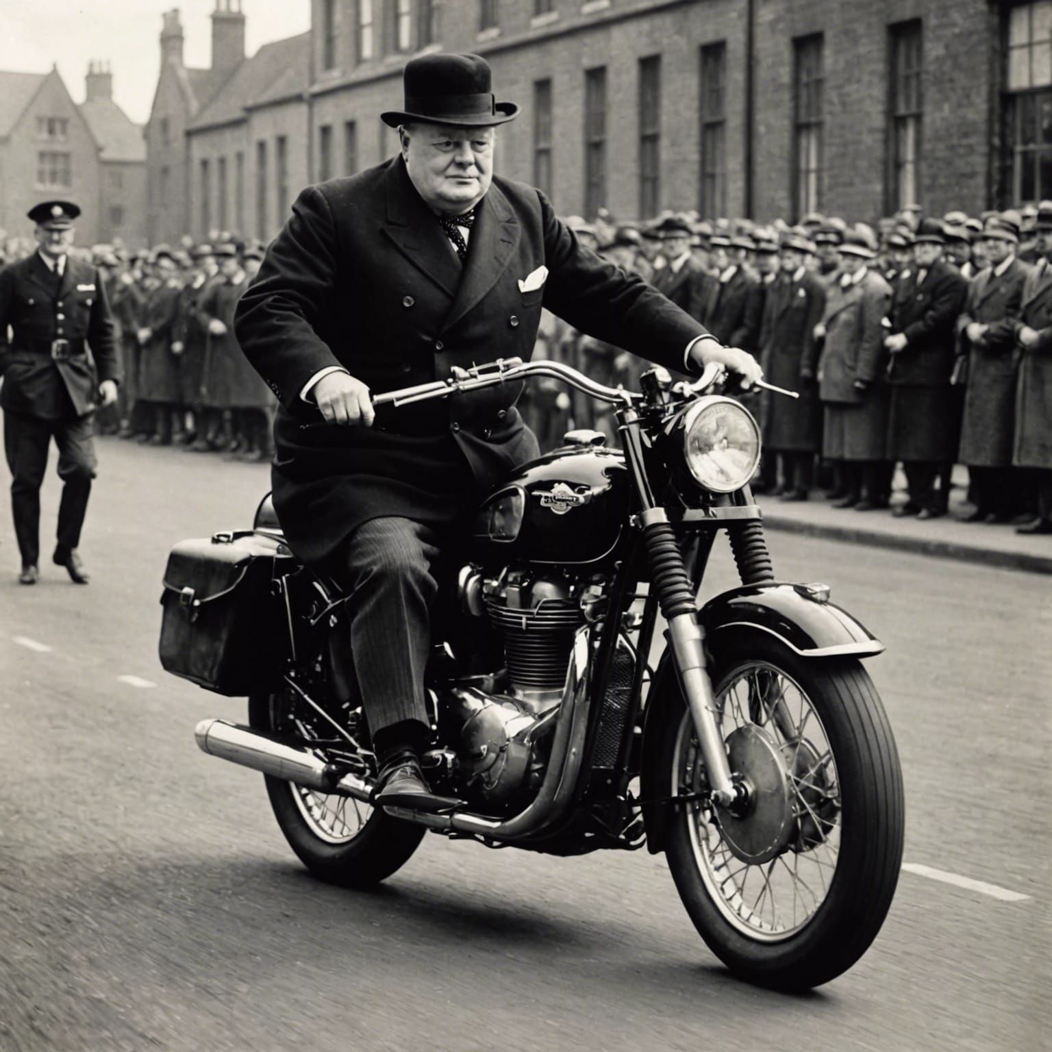 Churchill Rides a Triumph Motorcycle with Cigar