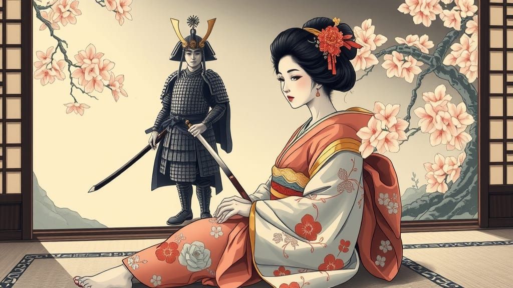 Geisha and Samurai in Ukiyo-e Style