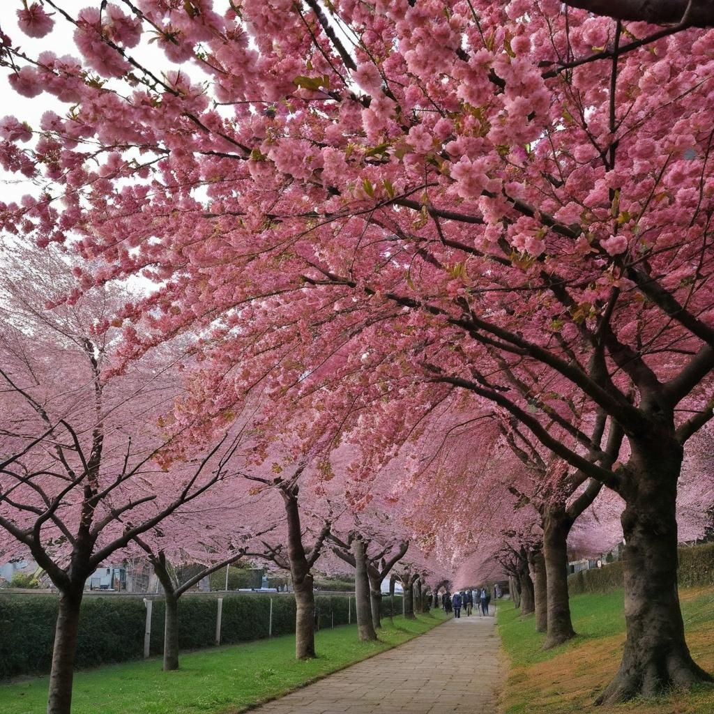 Colorful Springtime Scene with Cherry Blossoms