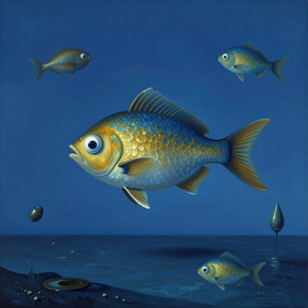 Surreal Blue Landscape With Floating Fish