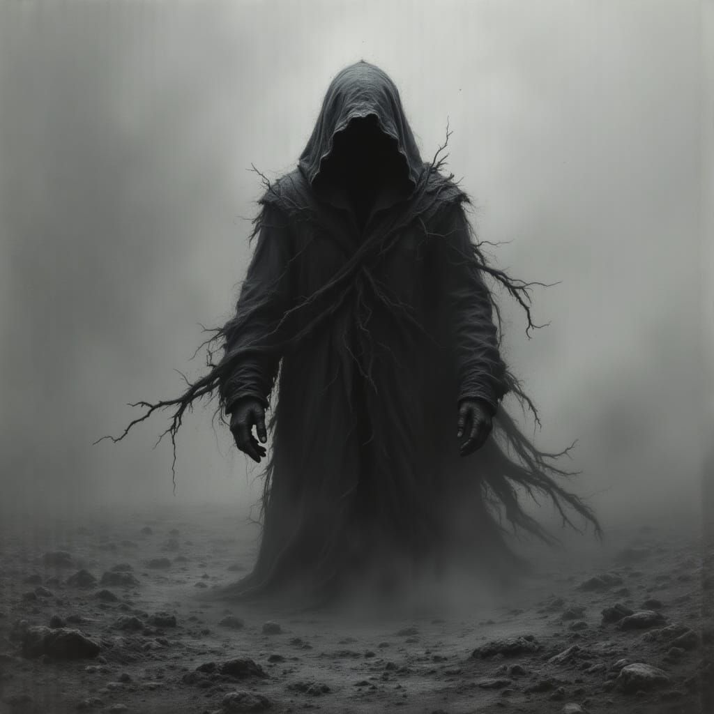 Ethereal Hooded Figure in Decaying Landscape