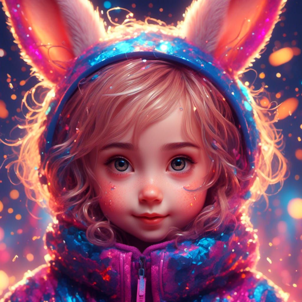 Adorable Bunny Girl Portrait in Detailed Linework Style