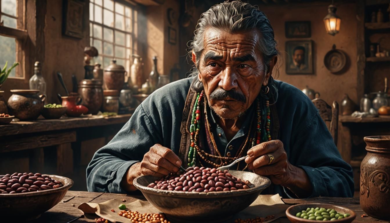Detailed Portrait of Mexican Bandit Eating Beans