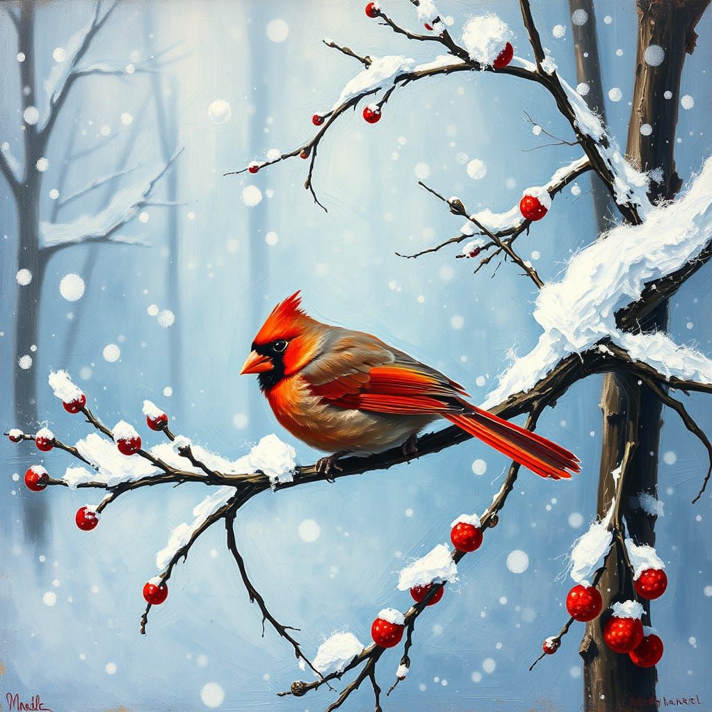 Expressive Winter Cardinal Masterpiece in Impressionist Oil...