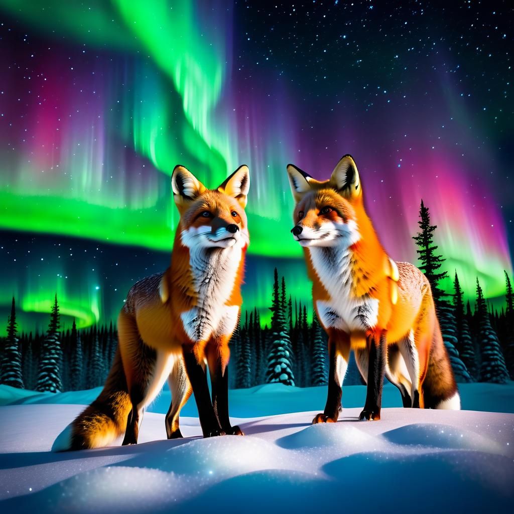 Red Foxes Watching Aurora Borealis at Night