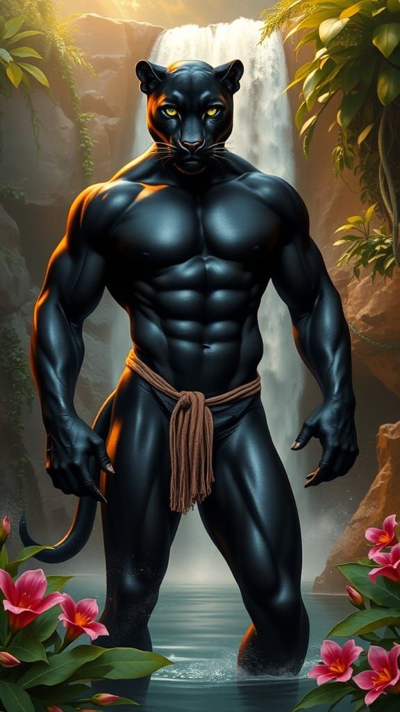 Majestic Black Panther Human Hybrid in Hyperrealistic Jungle...