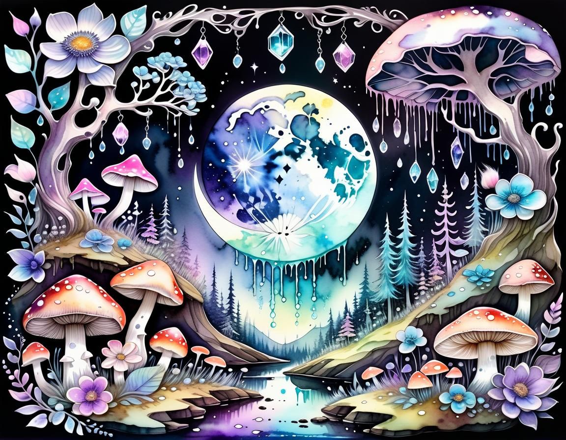 Enchanted Forest Scene Within Flower Petals, Watercolor