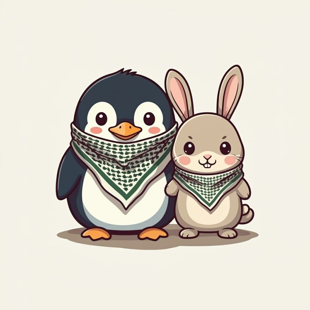 Penguin and Rabbit Wearing Keffiyehs