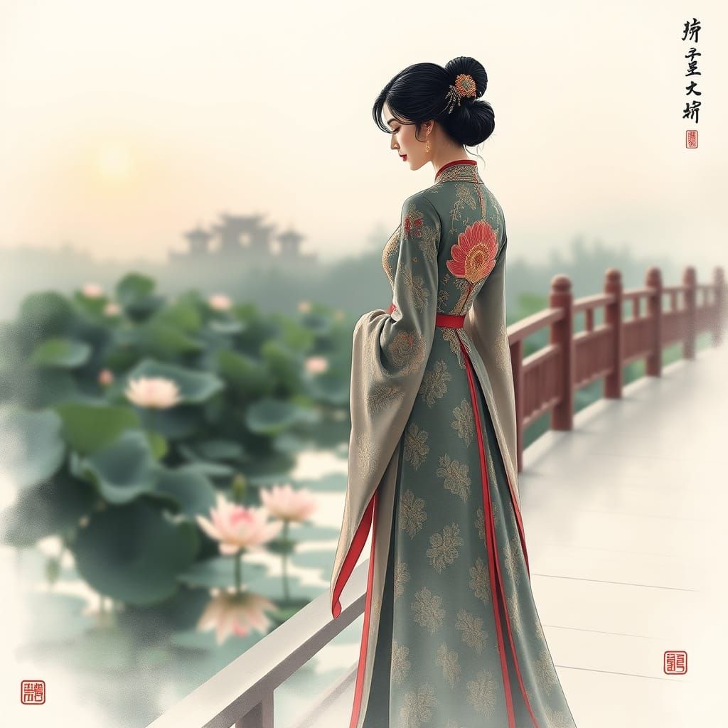 Woman in Chinese Gown on Bridge by Lotus Pond