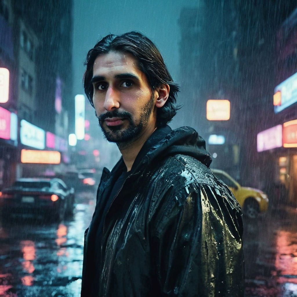 Cyberpunk Protagonist in Rainy Cityscape