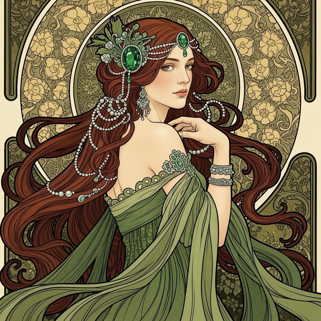 Elegant Woman in Green Gown, Art Nouveau Style