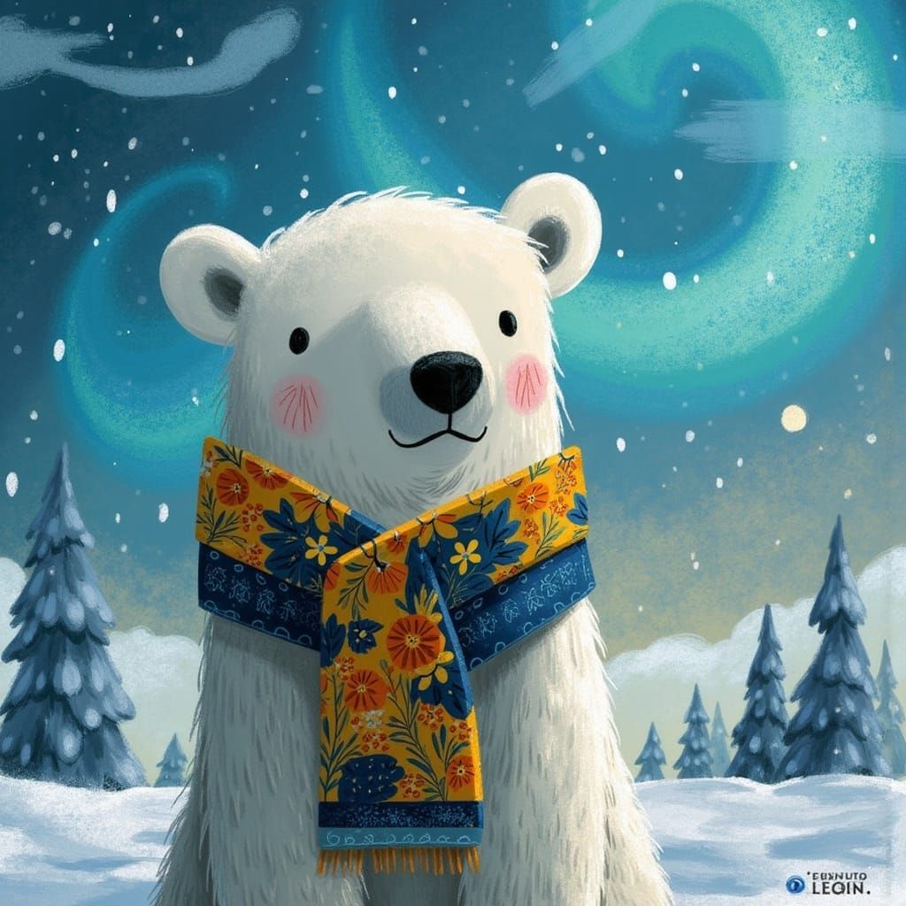 Vibrant Polar Bear in Enchanting Snowy Landscape, Inspired b...