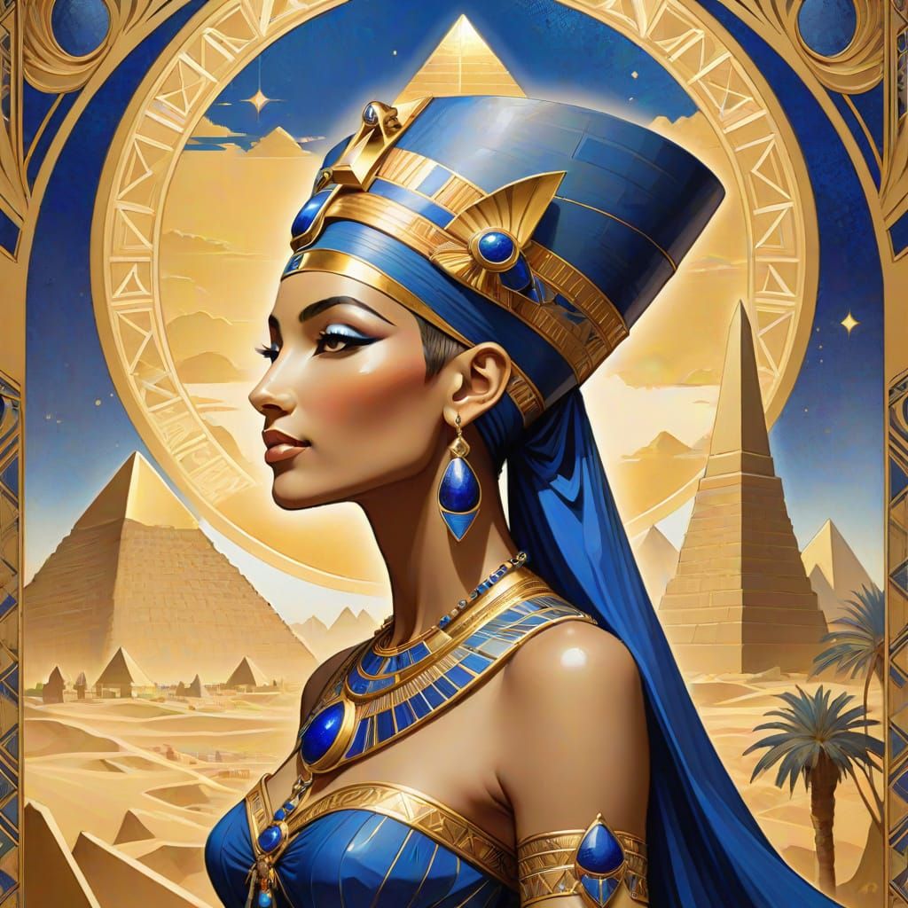 Nefertiti in Art Nouveau Style with Pyramids