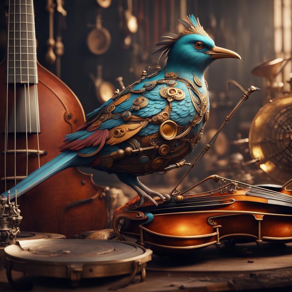 Fantastical Musical Instrument Bird: Detailed Matte Painting