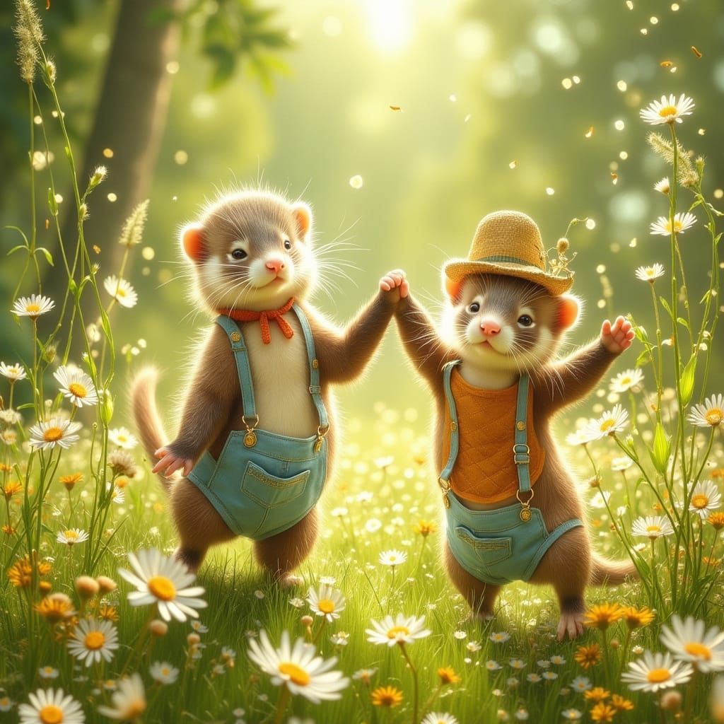 Ferrets Frolicking in a Meadow, Beatrix Potter Style